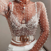 Tossy Luxury Crystal Sexy See Through Long Sleeve T-shirt Lace Night Party Club Cropped Top Lady Fashion Balck Streetwear 2022